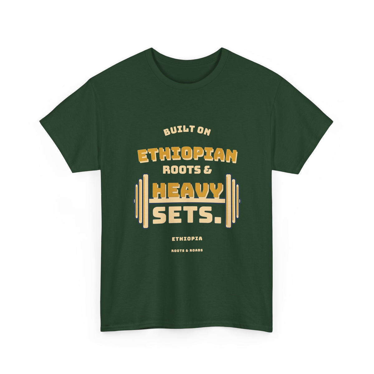 Forest Green Ethiopia Heavy Sets Gym T-Shirt with vintage Ethiopian roots lettering and integrated weight plates, front view.
