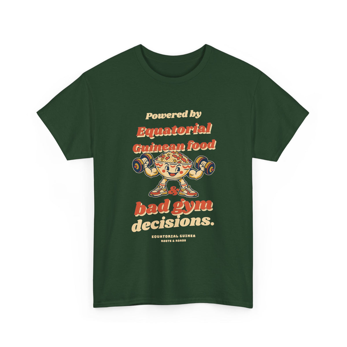 Equatorial Guinea Bad Gym Decisions T-Shirt — Forest Green — front retro food-lifter artwork by Roots & Roads