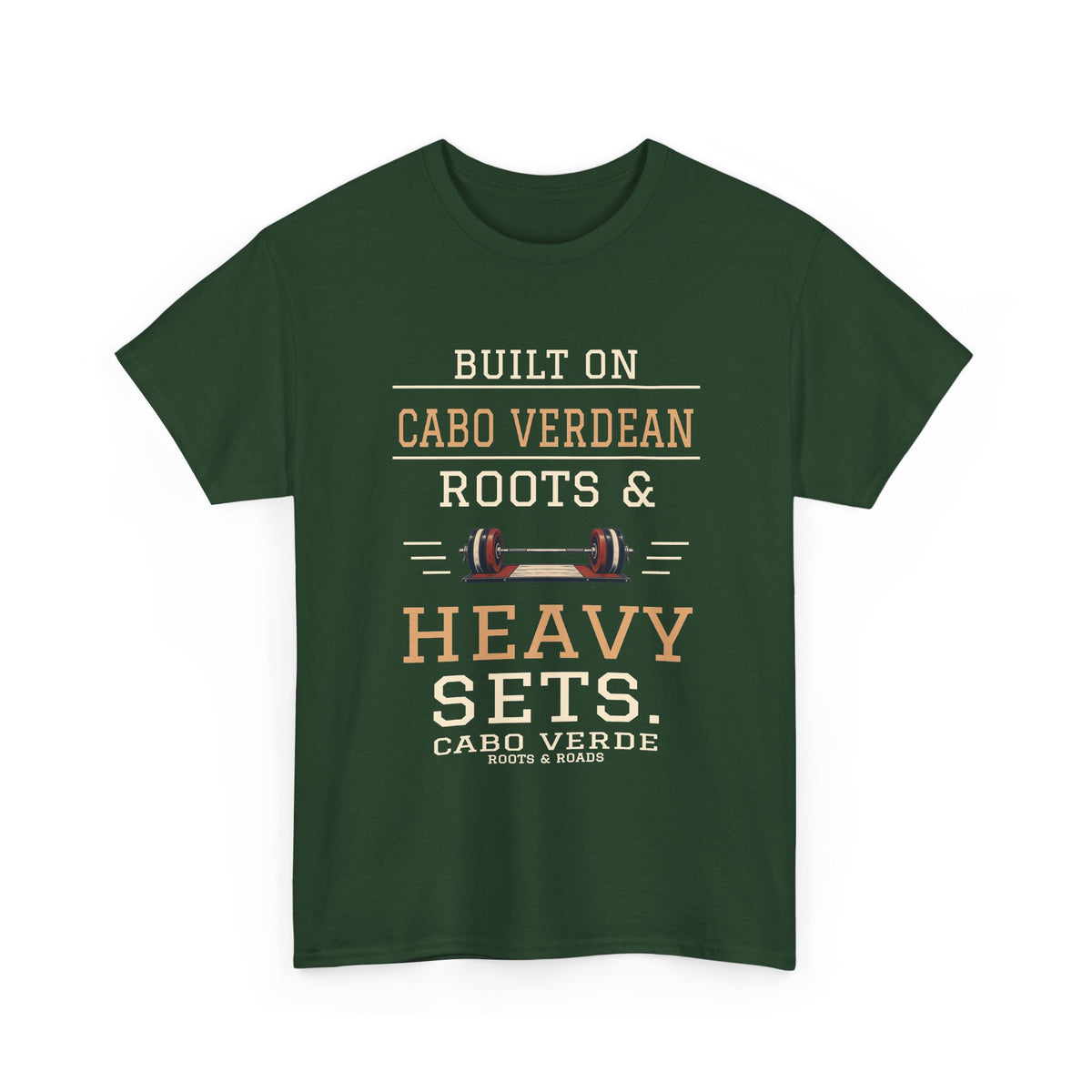 Front view of Cabo Verde Heavy Sets Gym T-Shirt in Forest Green, showing the Roots & Roads printed design.