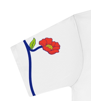 Actual supplier mockup detail of the Roots & Roads “I speak English but I love K~dramas” T-shirt’s botanical artwork.