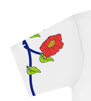Actual supplier mockup detail of the Roots & Roads “Belonging in two places at once·” T-shirt’s botanical artwork.