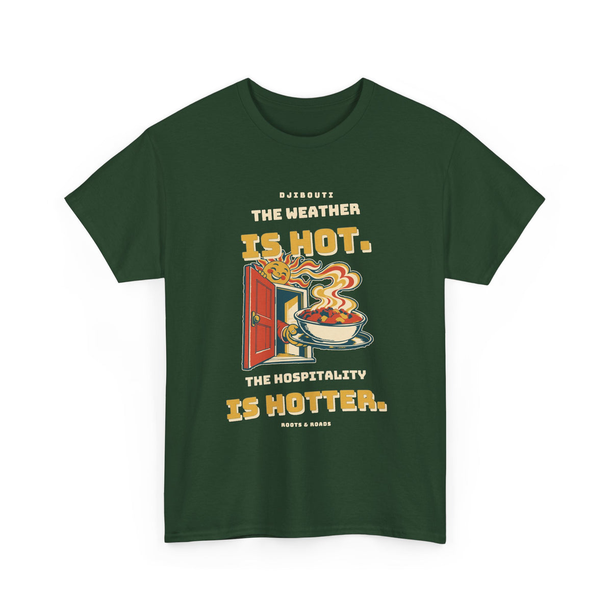 Forest Green Djibouti Warm Hospitality T-Shirt with vintage lettering, a smiling sun and a welcoming doorway illustration