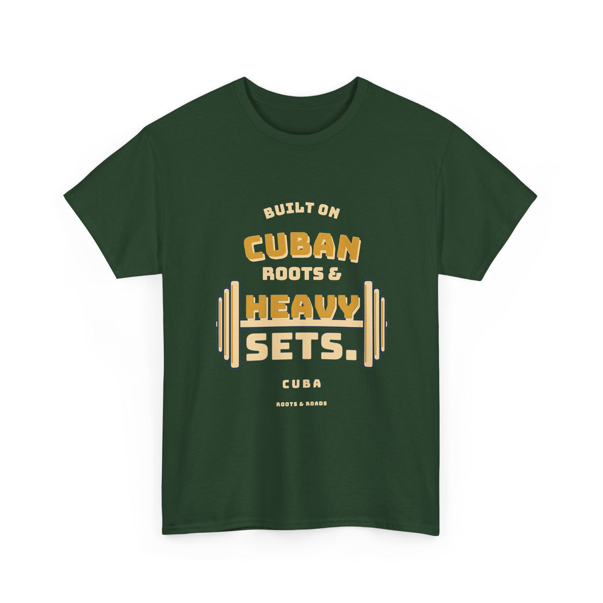 Cuba Heavy Sets Gym T-Shirt in Forest Green, front view with layered vintage athletic lettering and integrated weight plates — Roots & Roads.