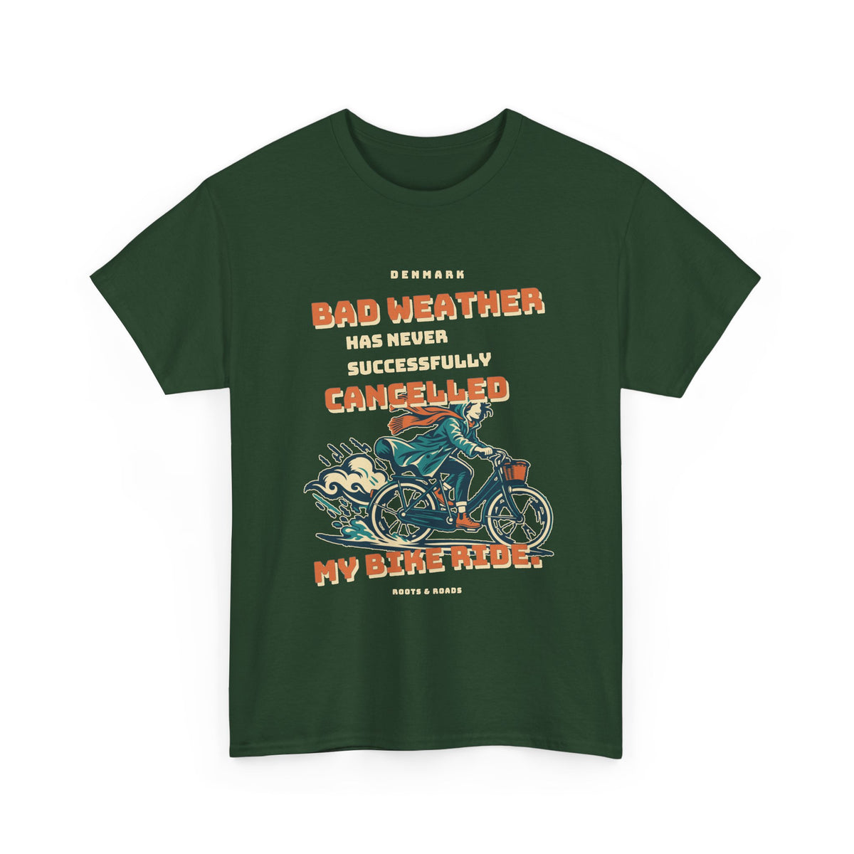 Denmark All-Weather Bike Ride T-Shirt in Forest Green, with bold retro lettering and a raincoat-clad cyclist by Roots & Roads.
