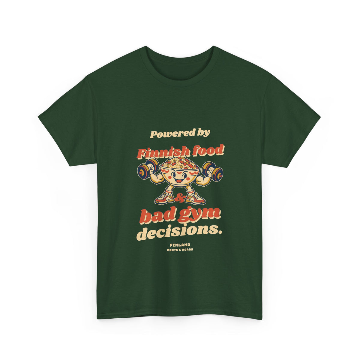 Finland Bad Gym Decisions T-Shirt in Forest Green — front retro Finnish food lettering and a playful food character lifting weights.