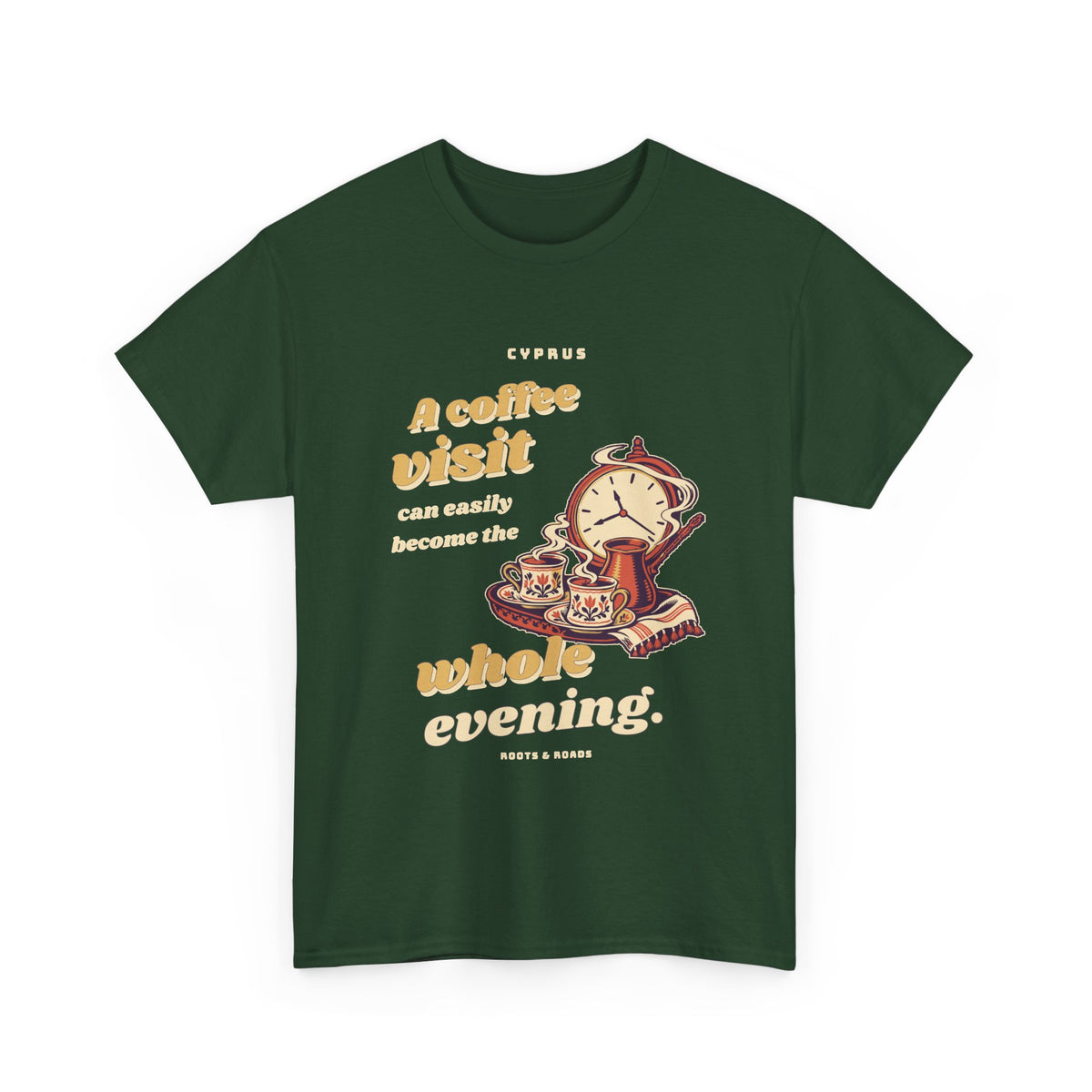 Cyprus Coffee Visit Whole Evening T-Shirt in Forest Green, front view with vintage lettering, coffee cups and an evening clock — Roots & Roads.