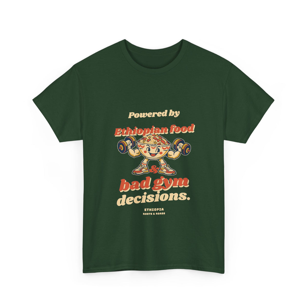 Forest Green Ethiopia Bad Gym Decisions T-Shirt with vintage food-lifter illustration, front view.