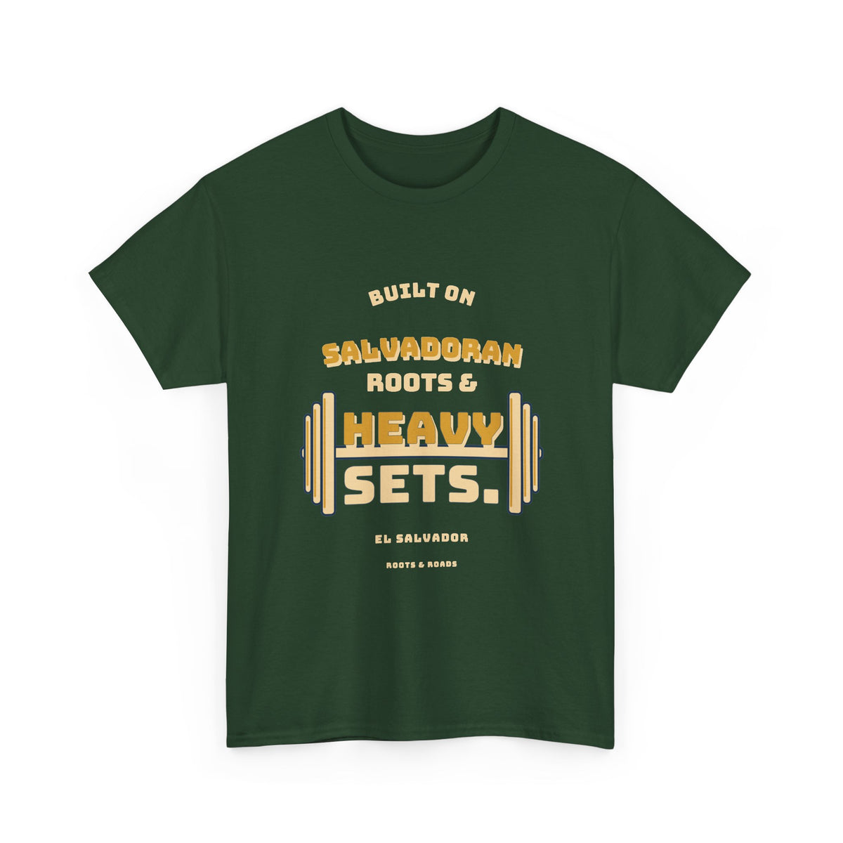 El Salvador Heavy Sets Gym T-Shirt in Forest Green, front vintage athletic lettering with integrated weight plates.