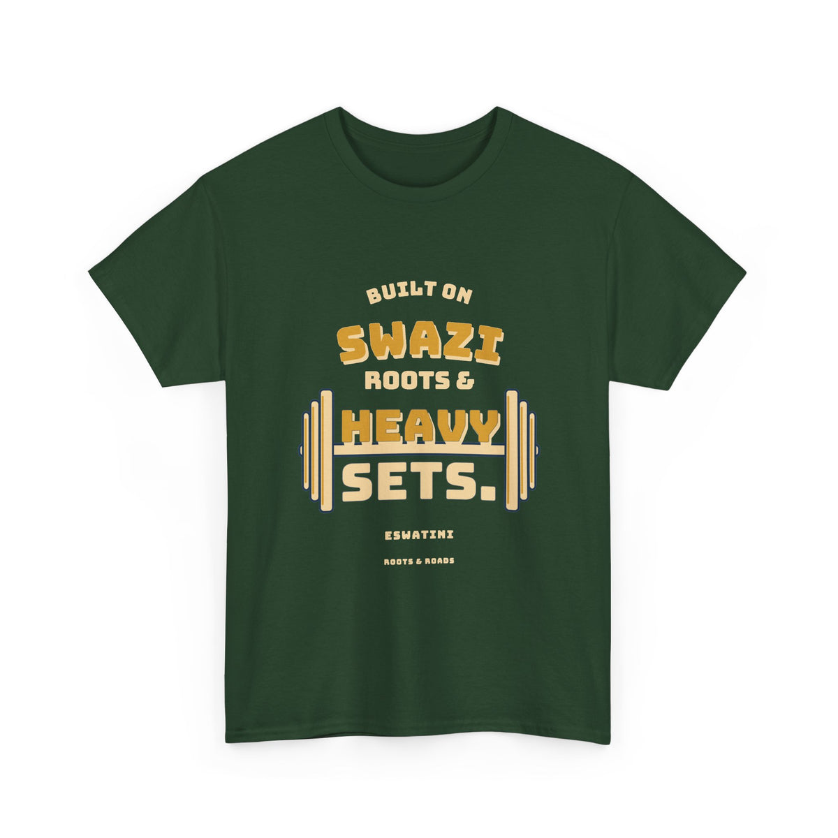 Forest Green Eswatini Heavy Sets Gym T-Shirt with vintage Swazi roots lettering and integrated weight plates, front view.