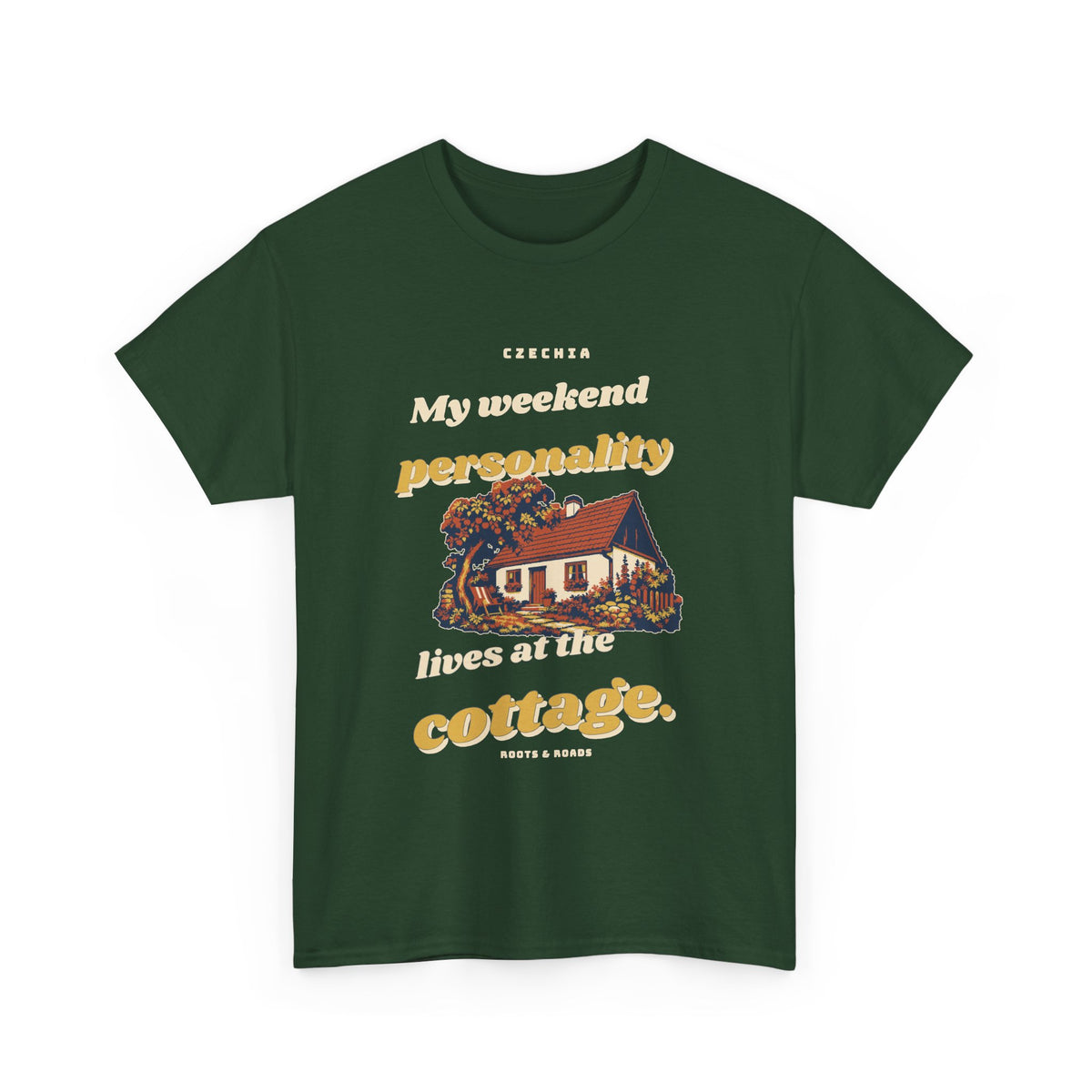 Czechia Weekend Cottage T-Shirt in Forest Green, with expressive retro lettering and an illustrated red-roofed countryside cottage by Roots & Roads.