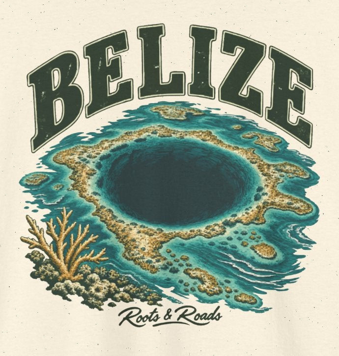 Print detail on Natural cotton showing BELIZE lettering, the Blue Hole, coral, turquoise water and Roots & Roads signature.