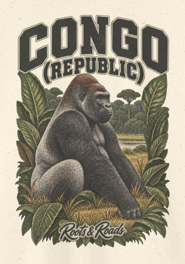 Print detail on Natural cotton showing CONGO (REPUBLIC) lettering, a seated gorilla, forest trees, green leaves and Roots & Roads script.