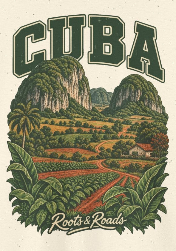 Print detail on Natural cotton showing green CUBA lettering, rounded limestone hills, cultivated fields, a farmhouse, leaves and Roots & Roads script.