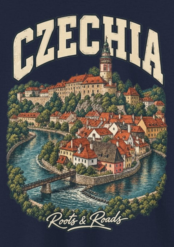 Print detail on Navy cotton showing cream CZECHIA lettering, red-roofed buildings, a castle tower, a bridge, river bend and Roots & Roads script.