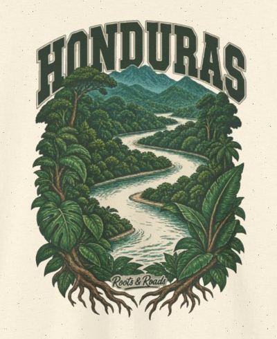 Print detail on the Natural Honduras supplier T-shirt mockup: country lettering, a winding forest river, distant mountains and leafy roots, and Roots & Roads script.