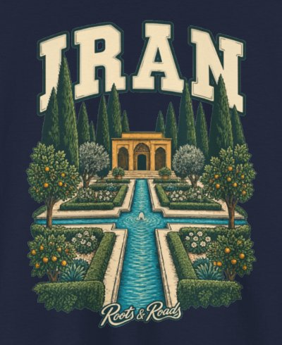 Print detail on the Navy Iran supplier T-shirt mockup: country lettering, garden water channels, a fountain, cypresses and an ochre pavilion, and Roots & Roads script.