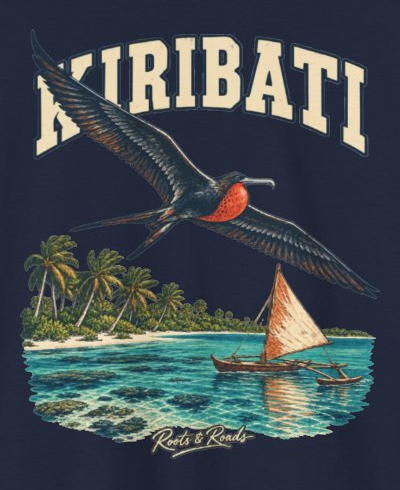 Print detail on the Navy Kiribati supplier T-shirt mockup: country lettering, a wide-winged seabird, an outrigger sailboat, a turquoise lagoon and palm-lined islands, and Roots & Roads script.