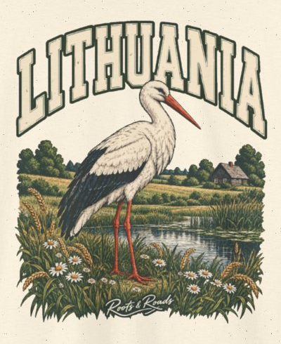 Print detail on the Natural Lithuania supplier T-shirt mockup: country lettering, a white stork, a wet meadow, daisies, grain and a distant farmhouse, and Roots & Roads script.