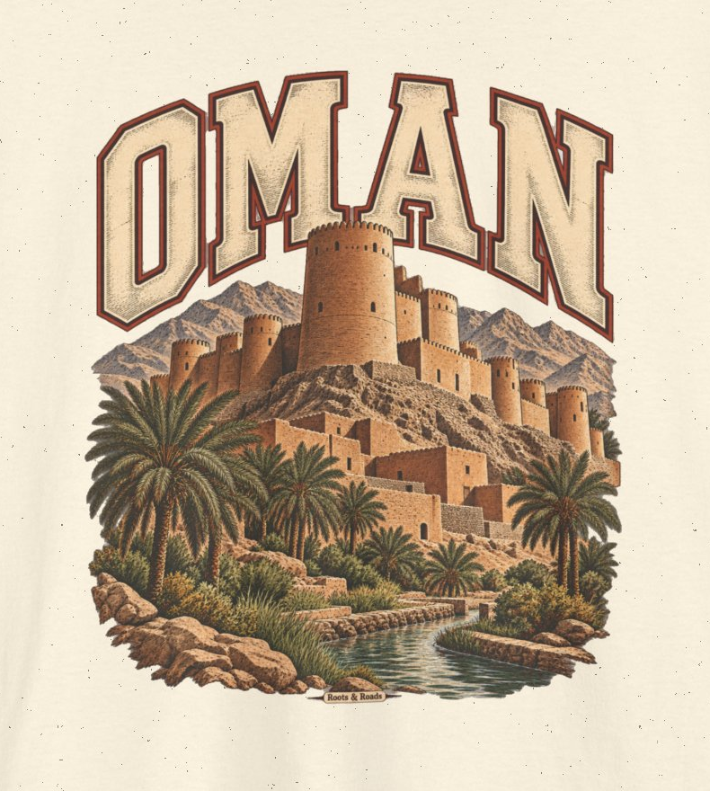Print detail of outlined OMAN lettering above a sand-coloured fortress, mountains, palms, water channel and original Roots & Roads plaque on Natural cotton.