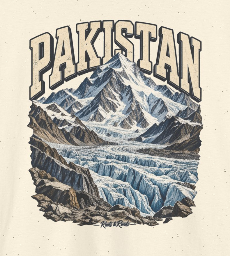 Print detail of PAKISTAN lettering, snowy mountain peaks, blue glacier, rocks and the original dark Roots & Roads script on Natural cotton.