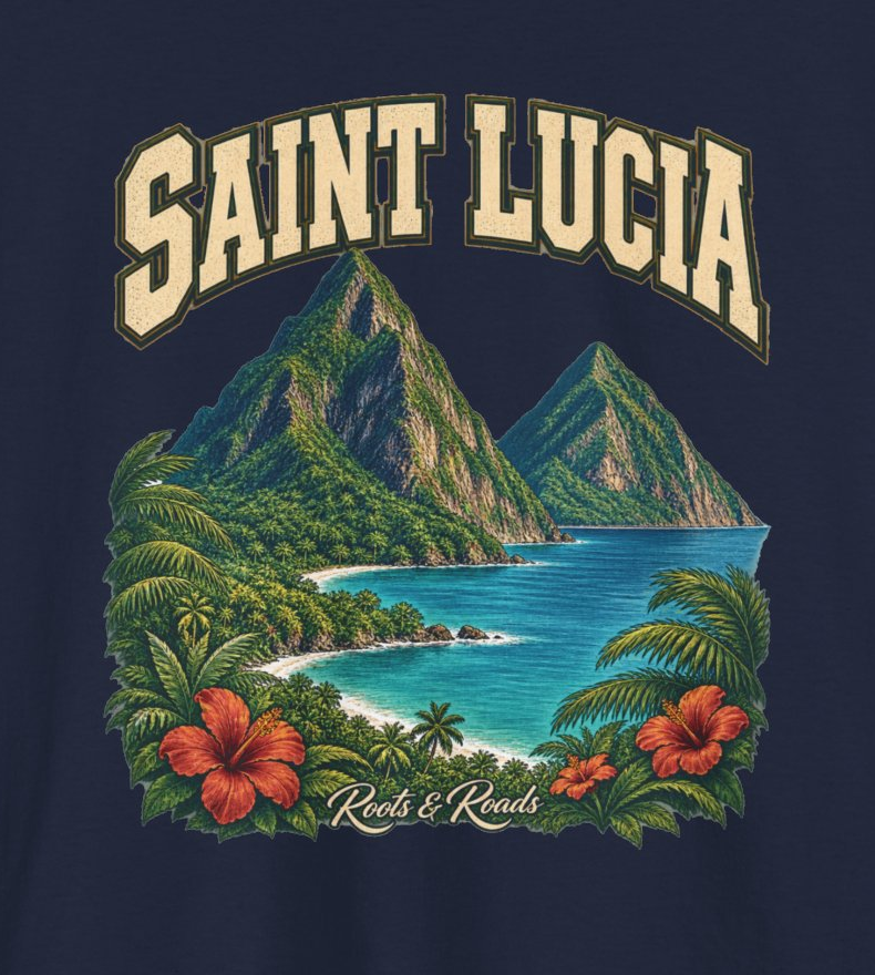 Print detail of SAINT LUCIA country lettering, twin green coastal peaks, turquoise water, palms, hibiscus and Roots & Roads script on navy.