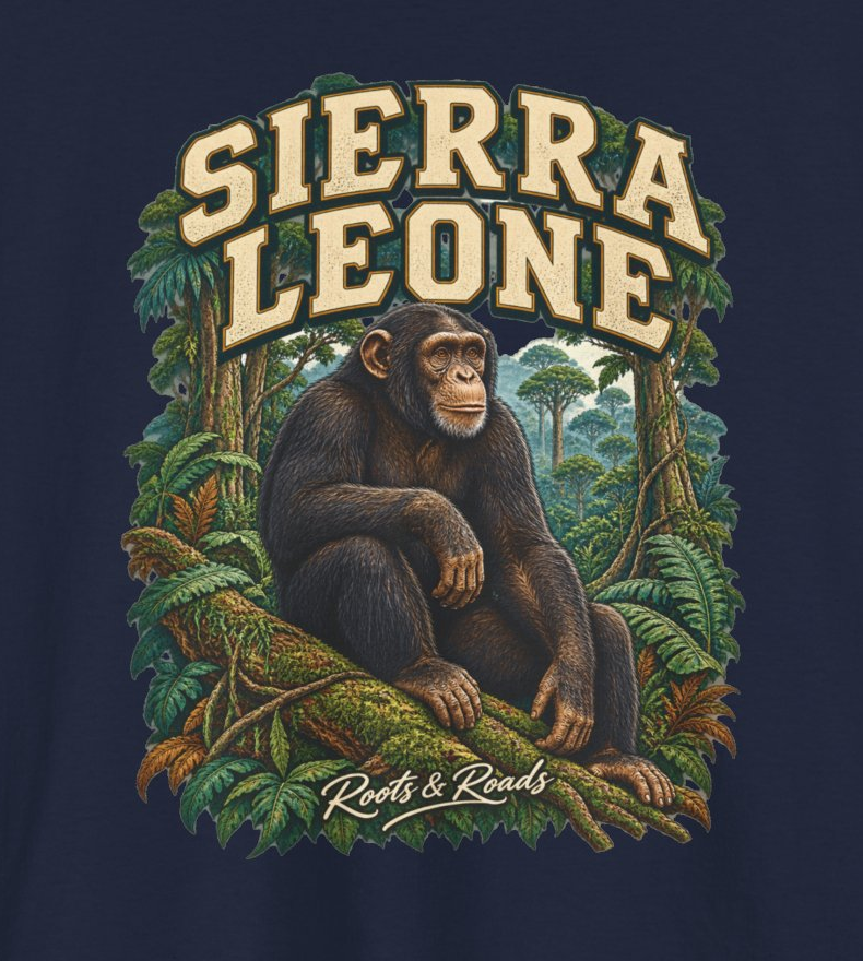 Close-up of the Sierra Leone design showing cream lettering, a chimpanzee, forest plants and the Roots & Roads signature.
