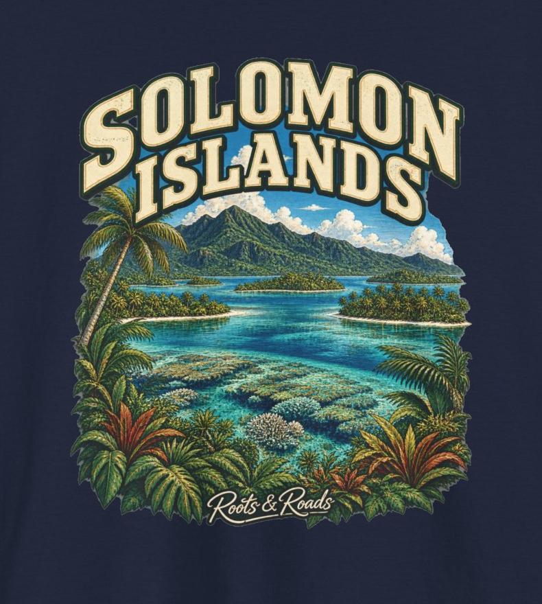Close-up of the Solomon Islands design showing cream lettering, a blue lagoon, coral, palms, tropical foliage and the Roots & Roads signature.