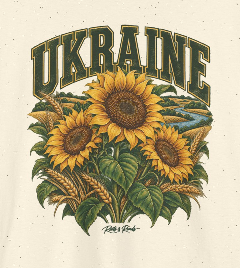 Print detail of UKRAINE lettering, golden sunflowers, wheat heads, green leaves and a winding river, with original Roots & Roads script on Natural cotton.