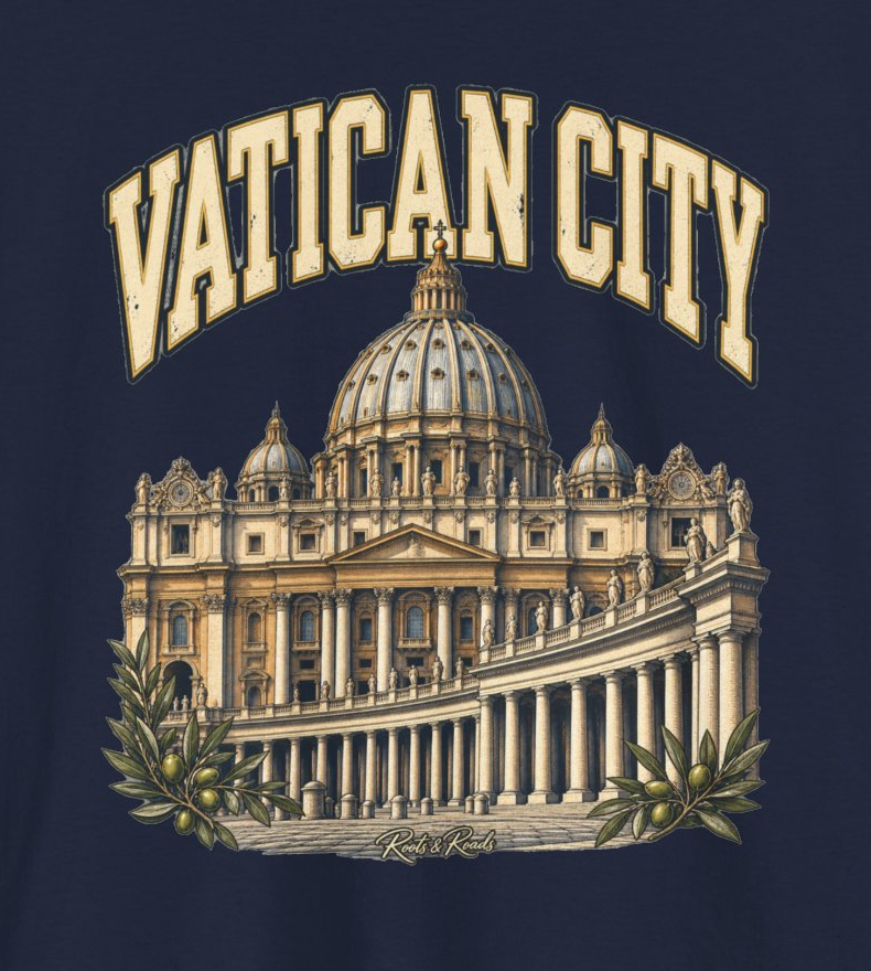 Detail of Vatican City lettering, St Peter’s Basilica and sweeping colonnade, olive branches and Roots & Roads signature printed on Navy cotton.