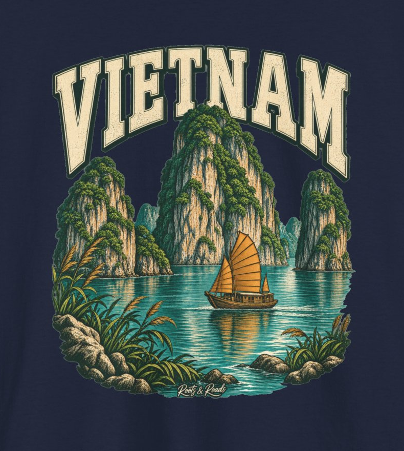 Detail of VIETNAM lettering above limestone karsts and a golden-sailed boat on turquoise water, framed by grasses and rocks with Roots & Roads signature on Navy cotton.