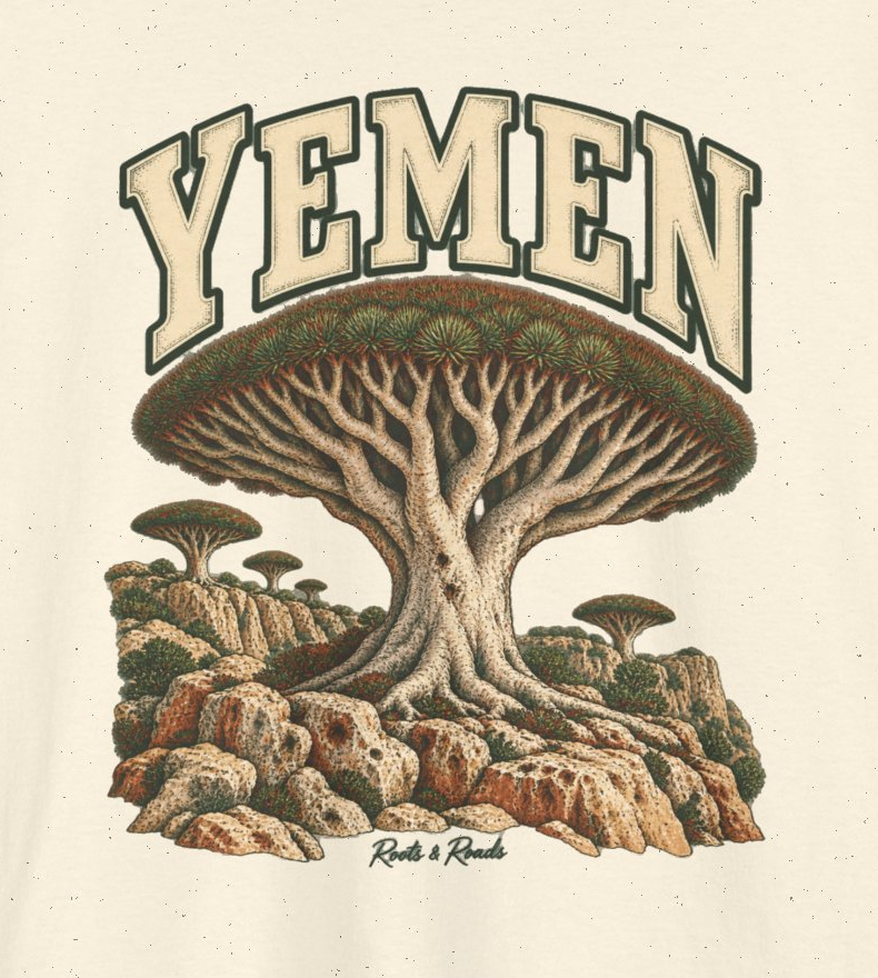 Detail of YEMEN lettering, umbrella-shaped dragon’s-blood tree with branching trunk, rocky landscape, smaller trees and Roots & Roads signature on Natural cotton.