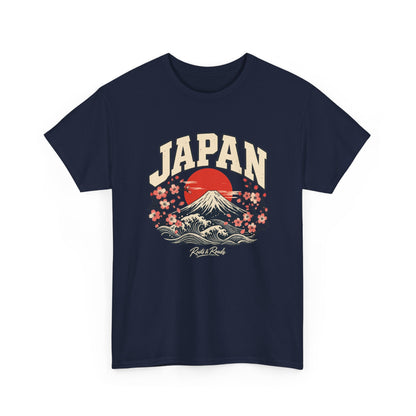 Front view of the Roots & Roads Japan Fresh Prints Gildan 5000 T-shirt in Navy, with cream JAPAN lettering, a red sun, Mount Fuji, waves and cherry blossoms.