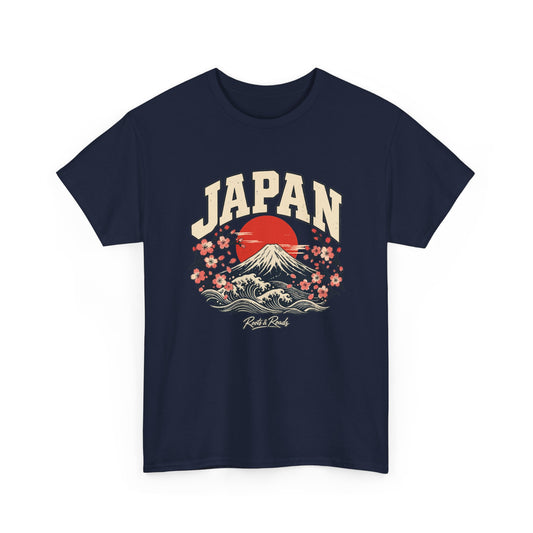 Front view of the Roots & Roads Japan Fresh Prints Gildan 5000 T-shirt in Navy, with cream JAPAN lettering, a red sun, Mount Fuji, waves and cherry blossoms.