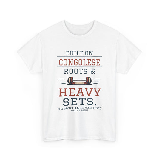 Congo (Republic) Heavy Sets Gym T-Shirt – White front view. Built on Congolese roots & heavy sets. Roots & Roads.