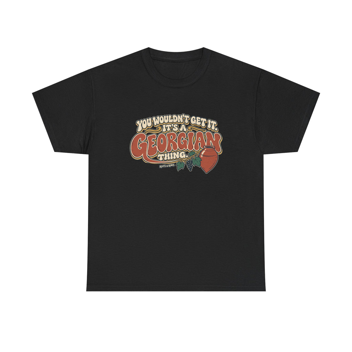 Black Georgia Georgian Thing T-shirt, flat front view, with oversized retro lettering, a qvevri vessel and grapevine.