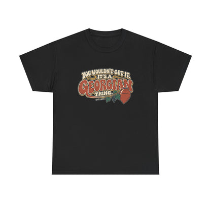 Black Georgia Georgian Thing T-shirt, flat front view, with oversized retro lettering, a qvevri vessel and grapevine.