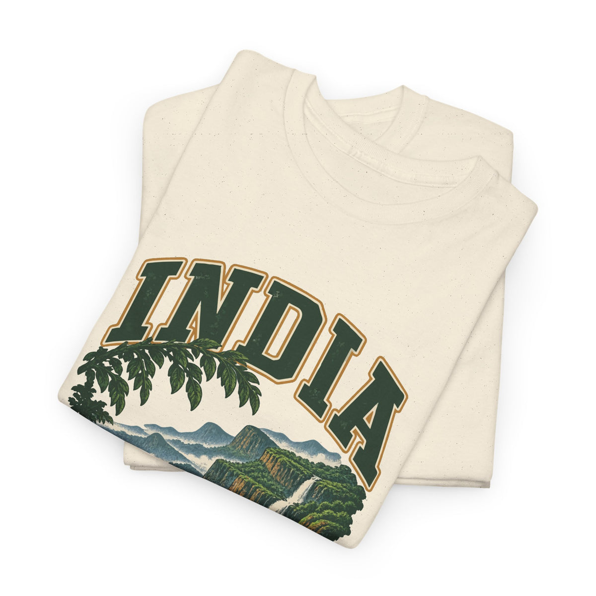 Folded Natural India Fresh Prints T-shirt showing dark-green country lettering and part of the illustration.
