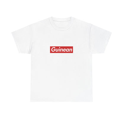 White T-shirt with a red rectangular Guinean wordmark in white italic lettering