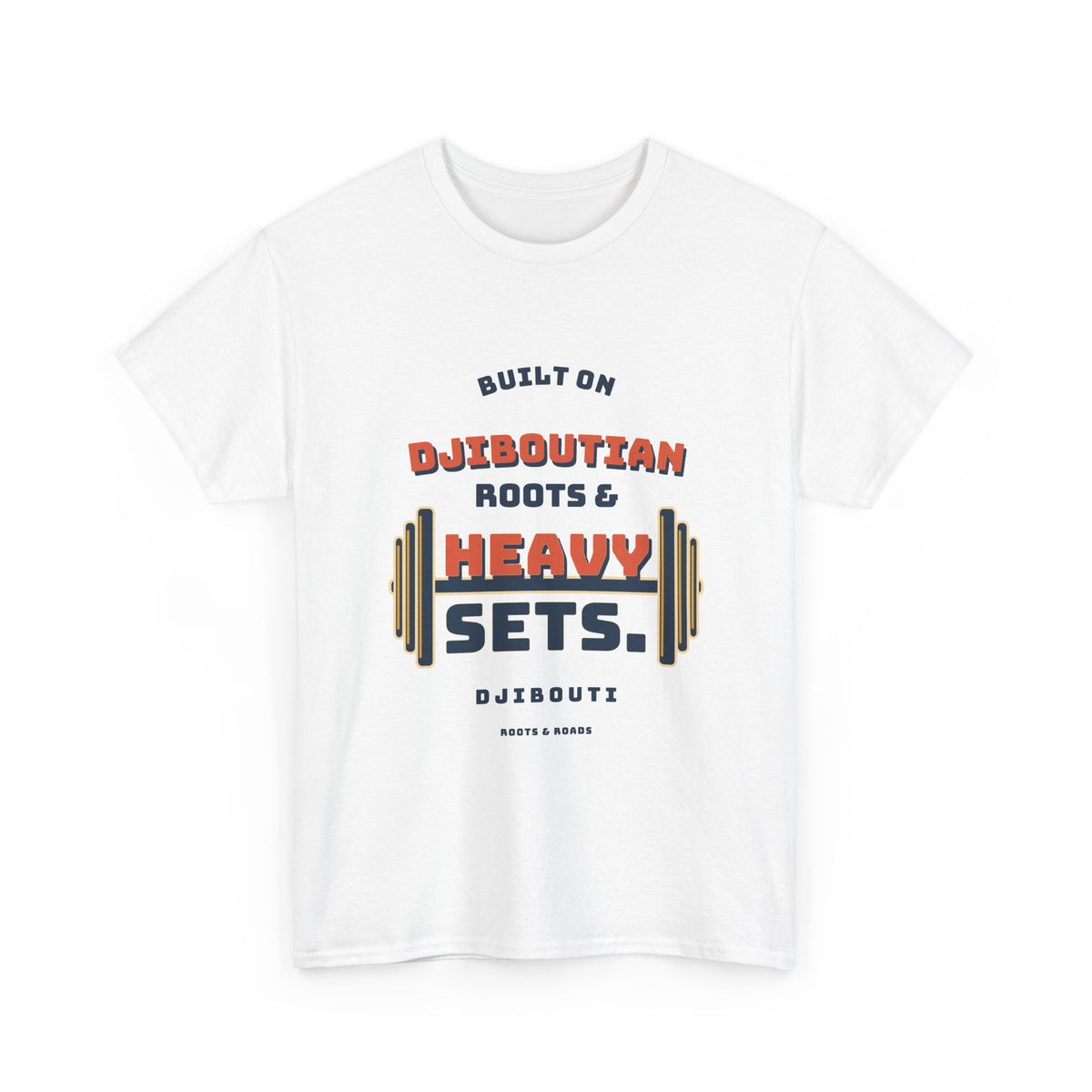 Djibouti Heavy Sets Gym T-Shirt in White, with vintage athletic lettering and integrated weight plates on the front.