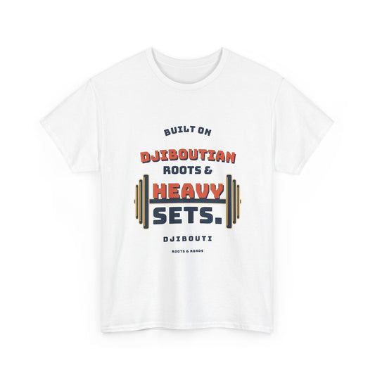 Djibouti Heavy Sets Gym T-Shirt in White, with vintage athletic lettering and integrated weight plates on the front.