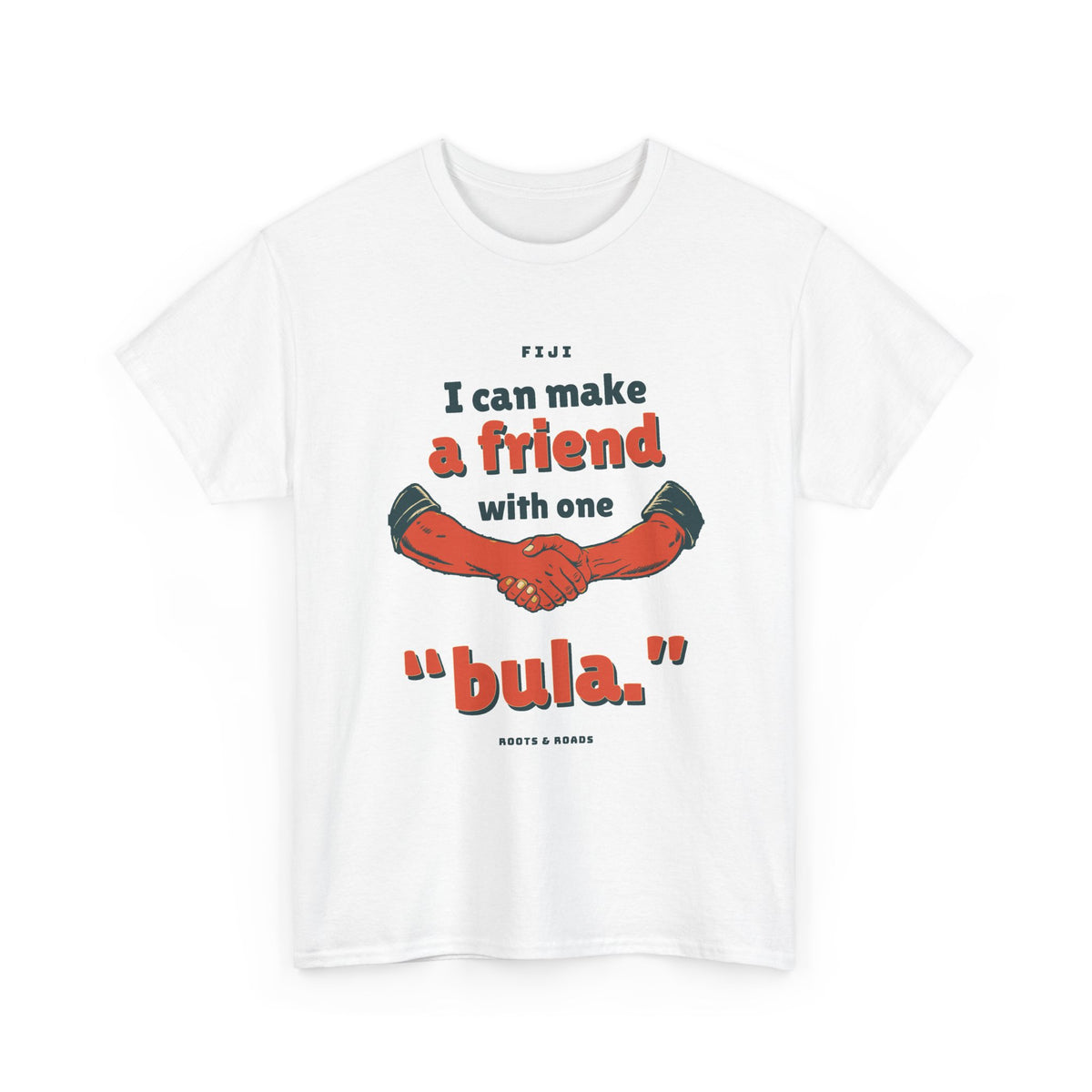Fiji One Bula T-Shirt in White — front rounded vintage greeting lettering and a substantial handshake illustration.