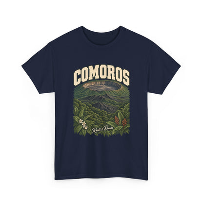 Front view of a Navy Gildan 5000 T-shirt with cream COMOROS lettering above a volcanic caldera, green forest and flowering foliage, finished with Roots & Roads script.