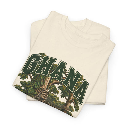 Folded Natural Ghana Fresh Prints T-shirt showing green country lettering and the upper part of its country illustration.
