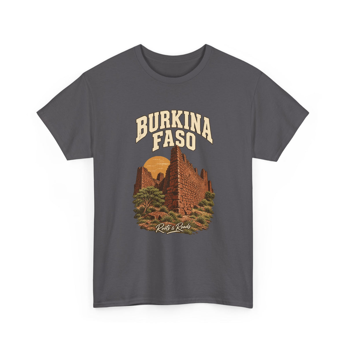 Front view of a Charcoal Gildan 5000 T-shirt with cream BURKINA FASO lettering, red-brown stone walls, an ochre sun and green plants, with Roots & Roads script.
