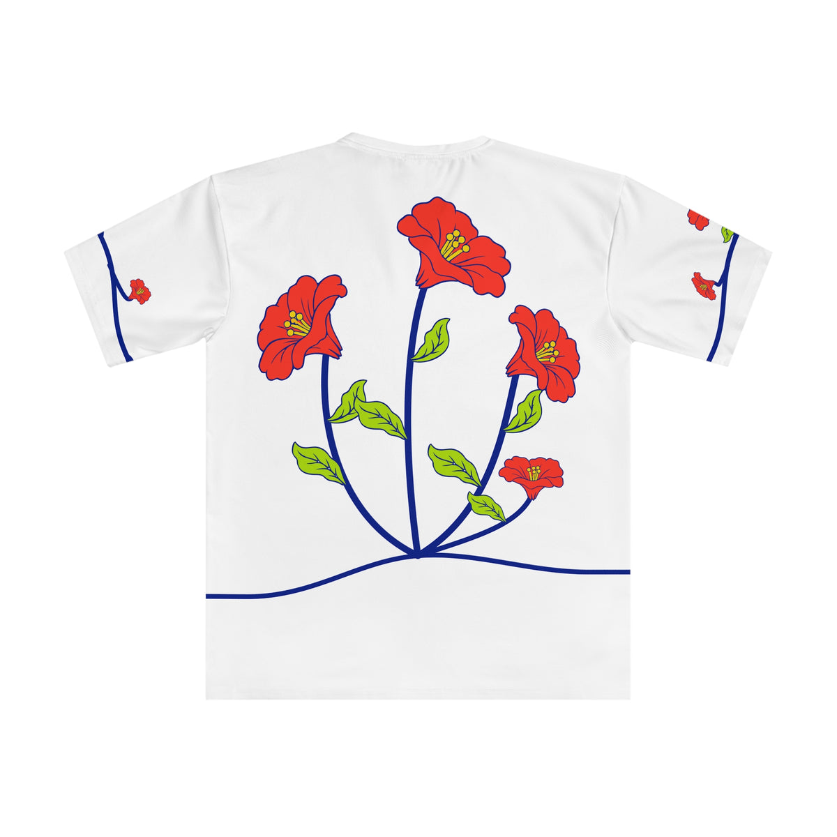 Back of the Roots & Roads “I speak English but my grandma speaks louder” T-shirt with coordinated coral flowers and lime leaves on cobalt stems.