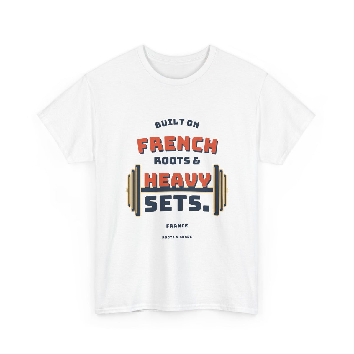 France Heavy Sets Gym T-Shirt in White — front vintage French strength lettering with integrated weight plates.