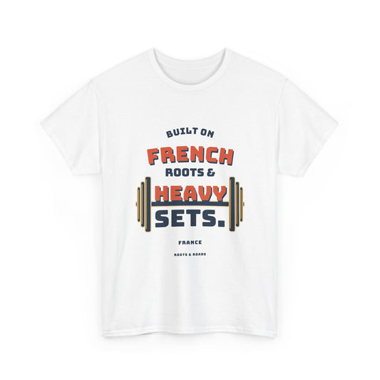 France Heavy Sets Gym T-Shirt in White — front vintage French strength lettering with integrated weight plates.