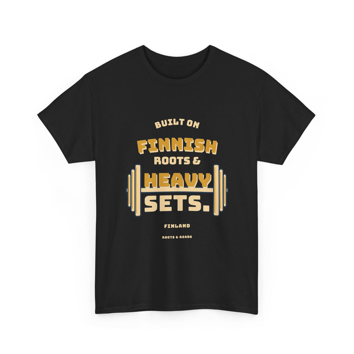 Finland Heavy Sets Gym T-Shirt in Black — front vintage Finnish strength lettering with integrated weight plates.