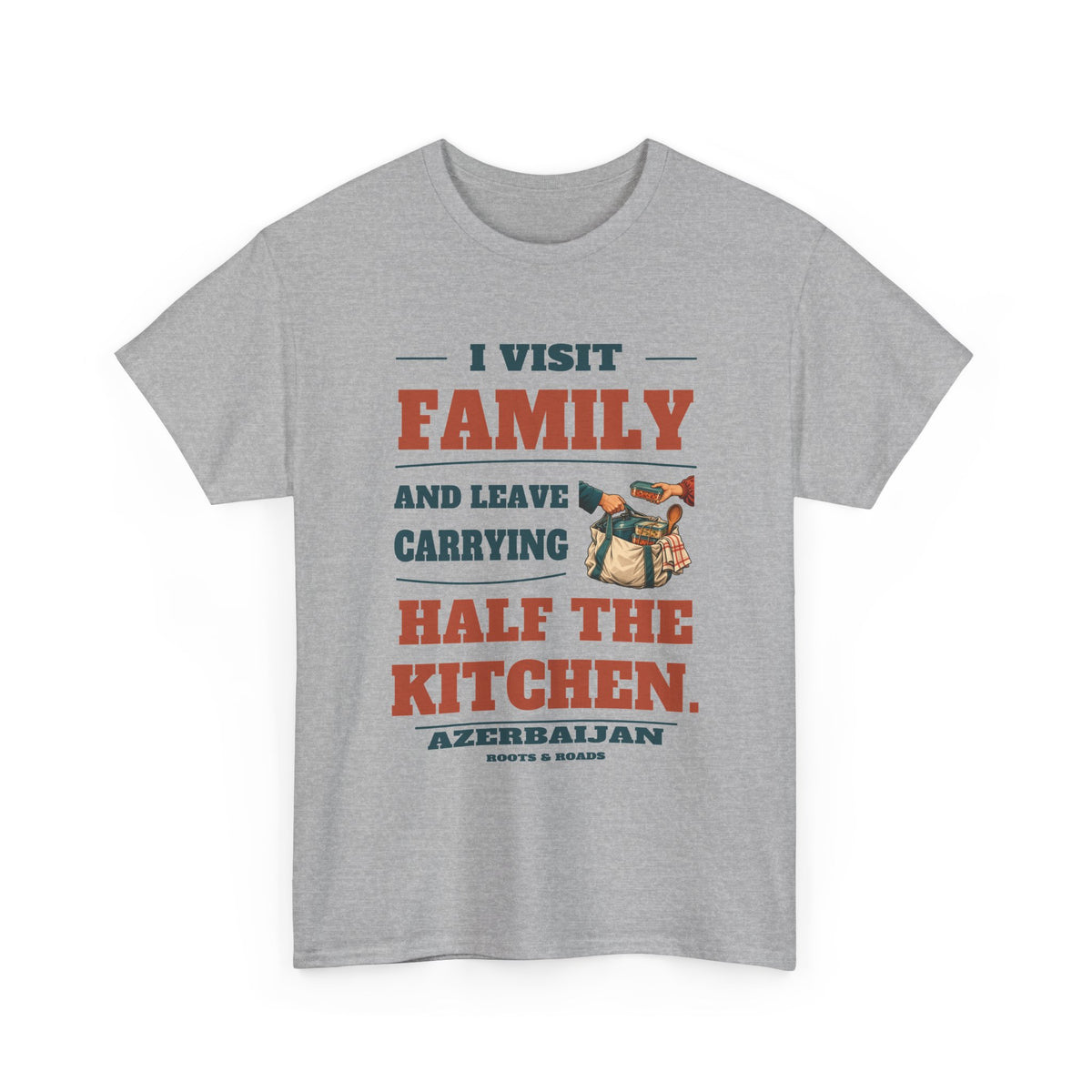 Sport Grey Azerbaijan T-shirt, front view with vintage lettering reading “I visit family and leave carrying half the kitchen.”, a bag of kitchen favourites, Azerbaijan and Roots & Roads.
