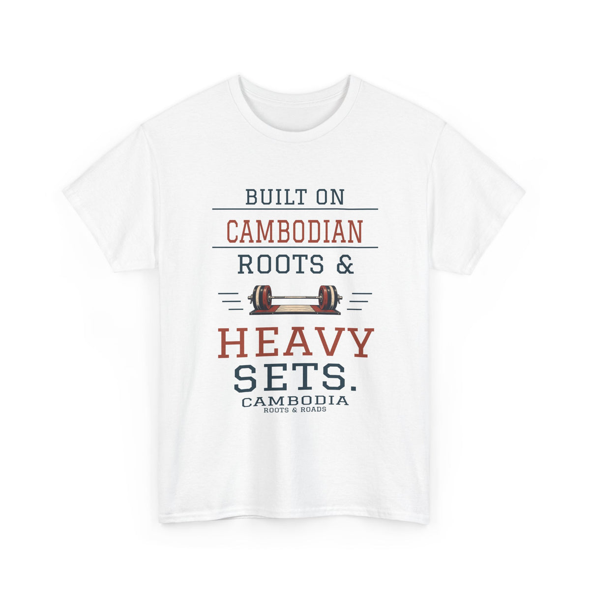 Front view of Cambodia Heavy Sets Gym T-Shirt in White, showing the Roots & Roads printed design.